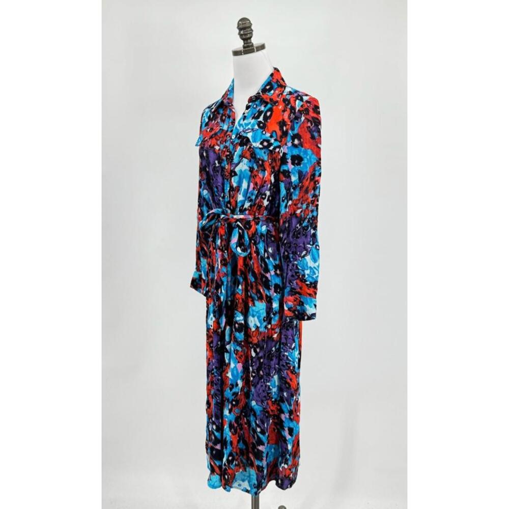 Karen Millen Petite Blue Red Print Collared Belted Button Front Shirt Dress Sz 6 - Picture 4 of 6